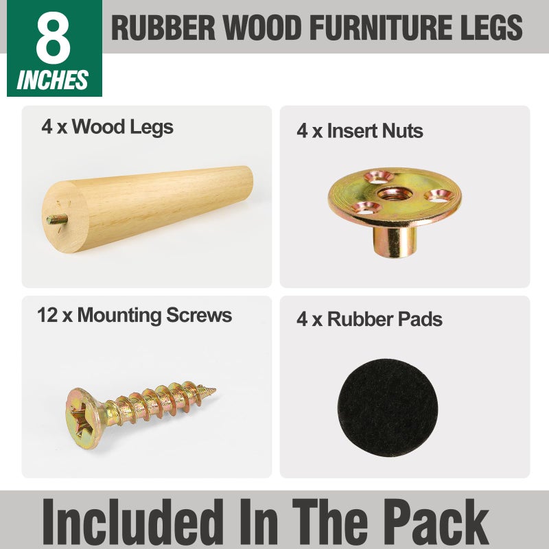 FoDau770 Rubber Wood Furniture Legs 8 Inches, Slant Tapered Wood Legs Mid Century Sofa Legs Set of 4, 5/16"" UNC Furniture Feet Replacement Legs for Cabinet Sofa Couch Dresser Chair Ottoman Table - Image 2